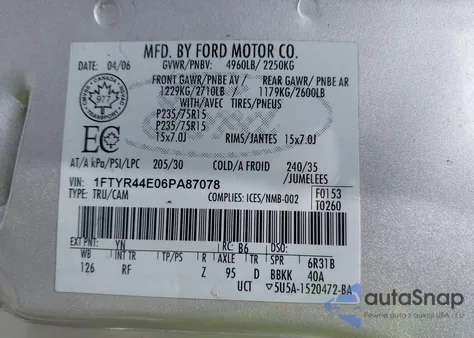 2006 Ford Ranger Sport/Stx/Xlt z USA, uszkodzony, nr VIN 1FTYR44E06PA87078